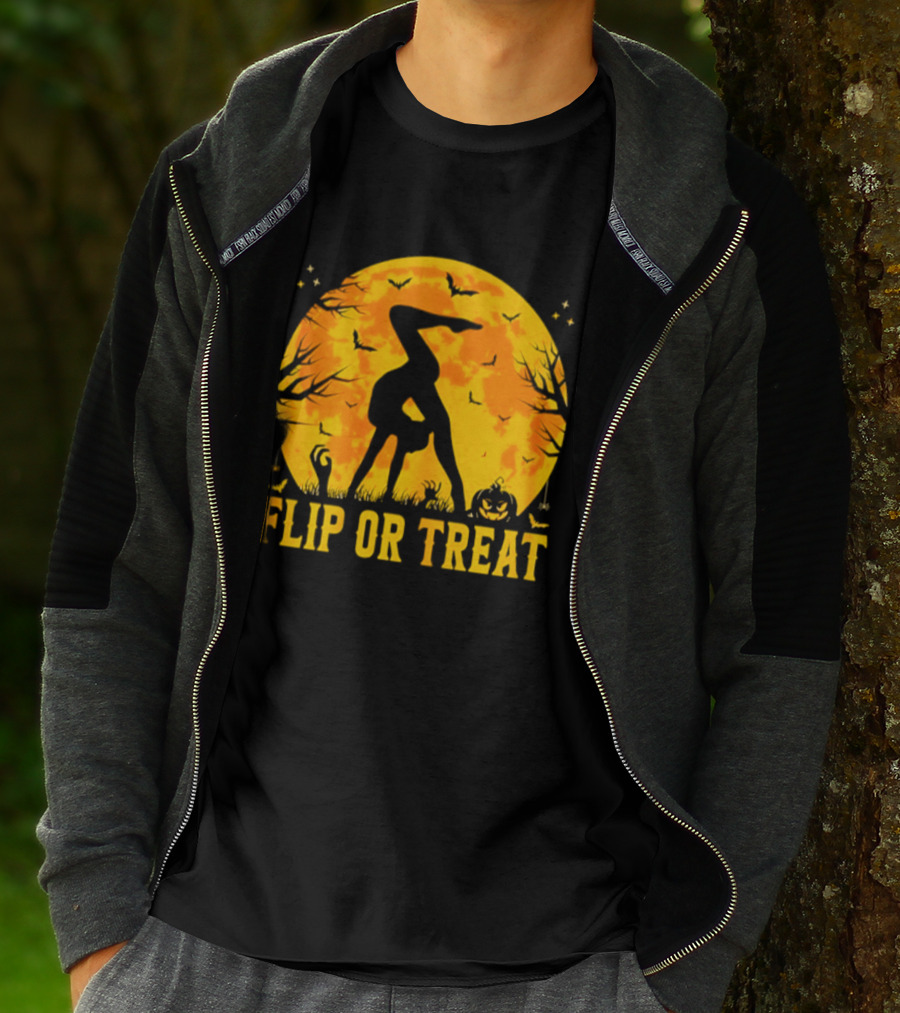 Flip Or Treat Halloween Gymnastics Moon Silhouette Spooky Pumpkin T-Shirt