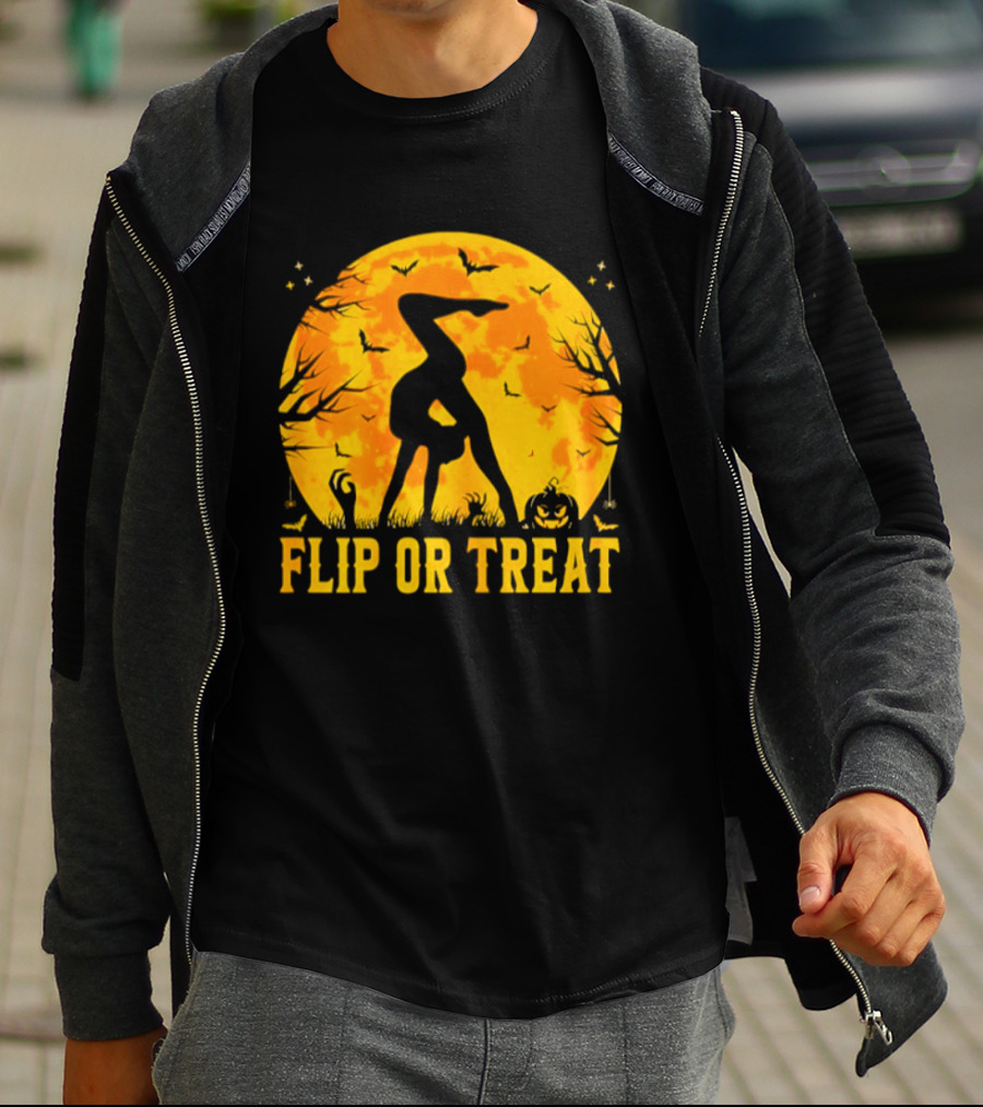 Flip Or Treat Halloween Gymnastics Moon Silhouette Spooky Pumpkin T-Shirt