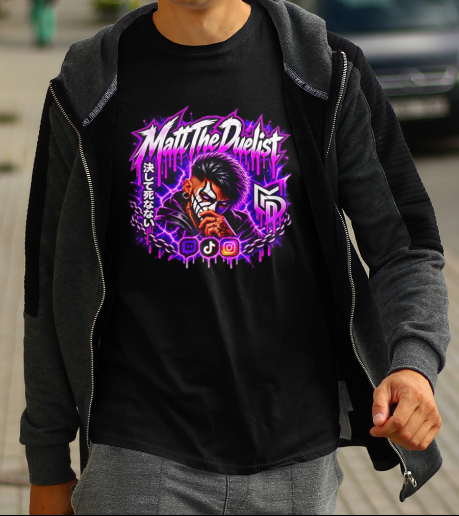 Matt The Duelist Freelance MTD Anime Gamer Mask Neon Purple Kanji T-Shirt