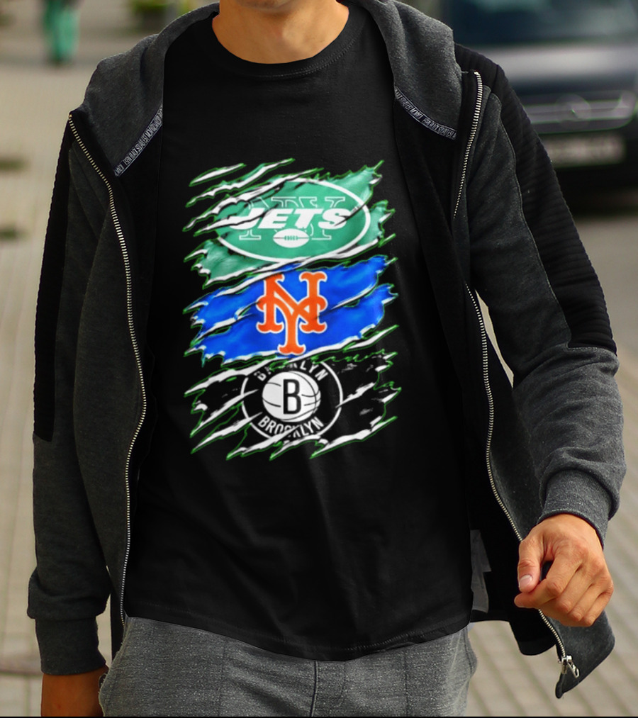 New York Jets Mets Brooklyn Nets Scratch Logo Mashup T-Shirt