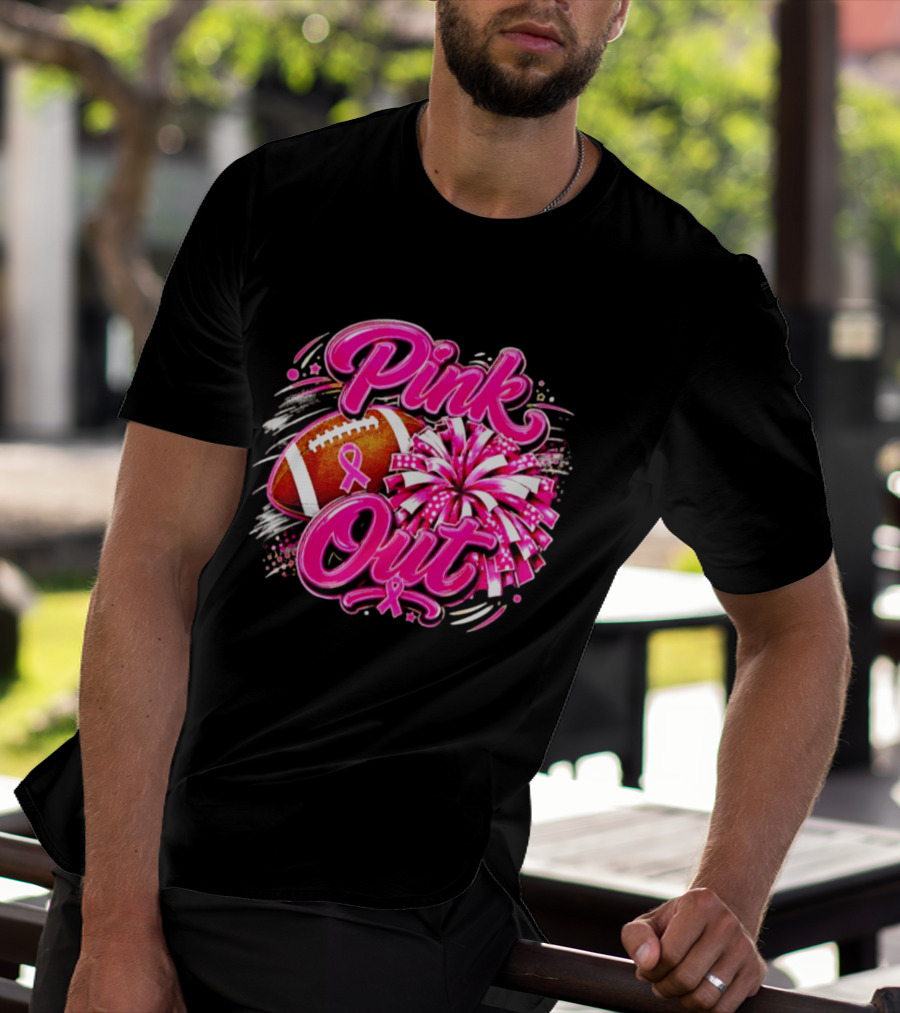 Pink Out Breast Cancer Awareness Football Cheerleading Pom Poms T-Shirt