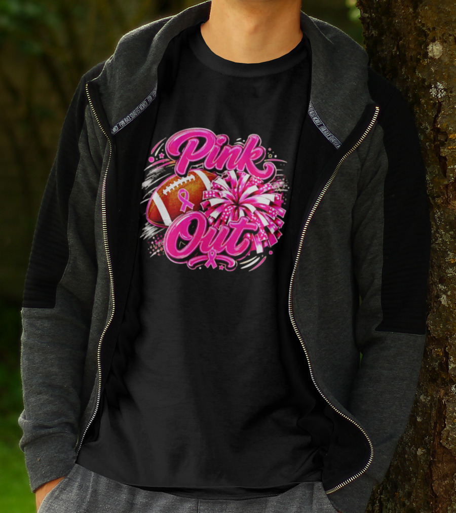 Pink Out Breast Cancer Awareness Football Cheerleading Pom Poms T-Shirt