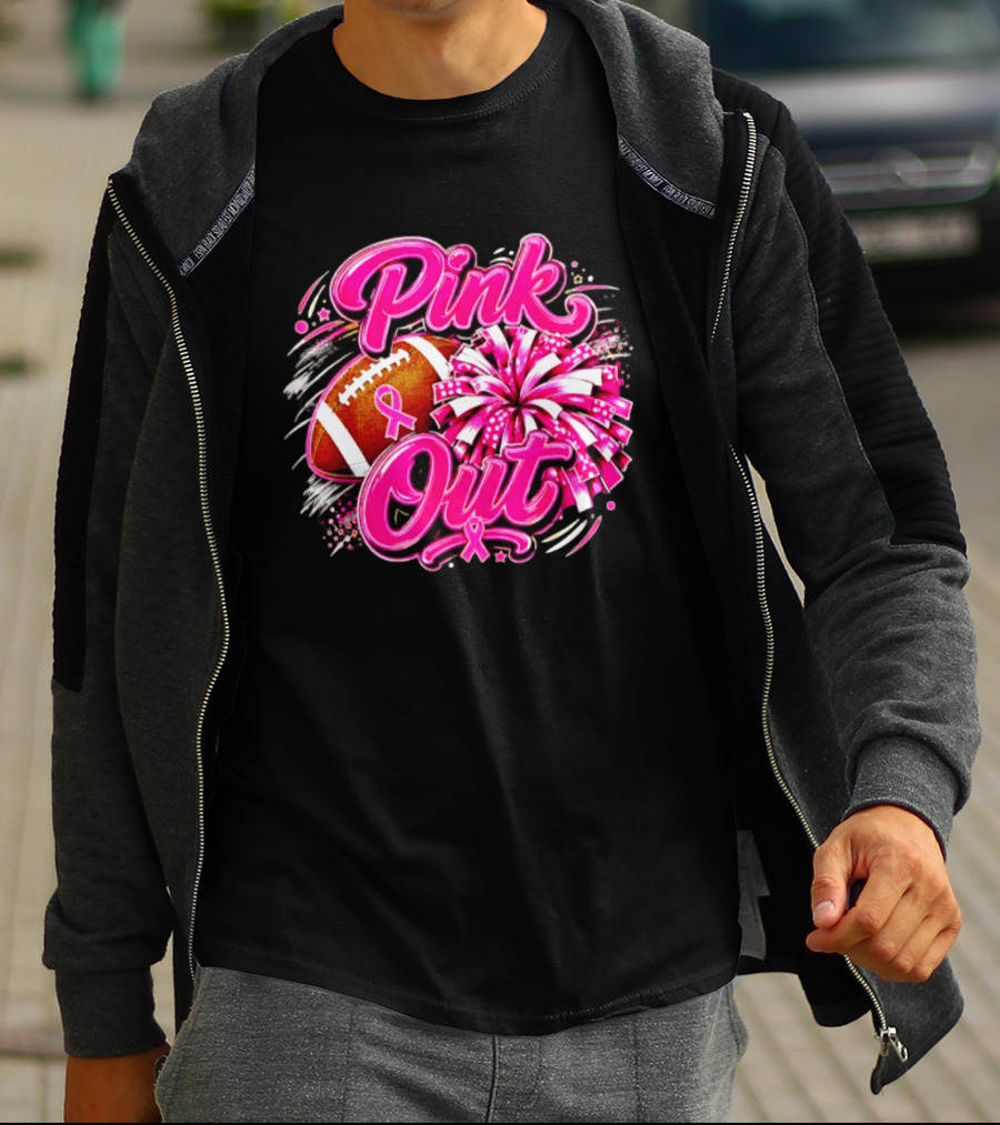 Pink Out Breast Cancer Awareness Football Cheerleading Pom Poms T-Shirt