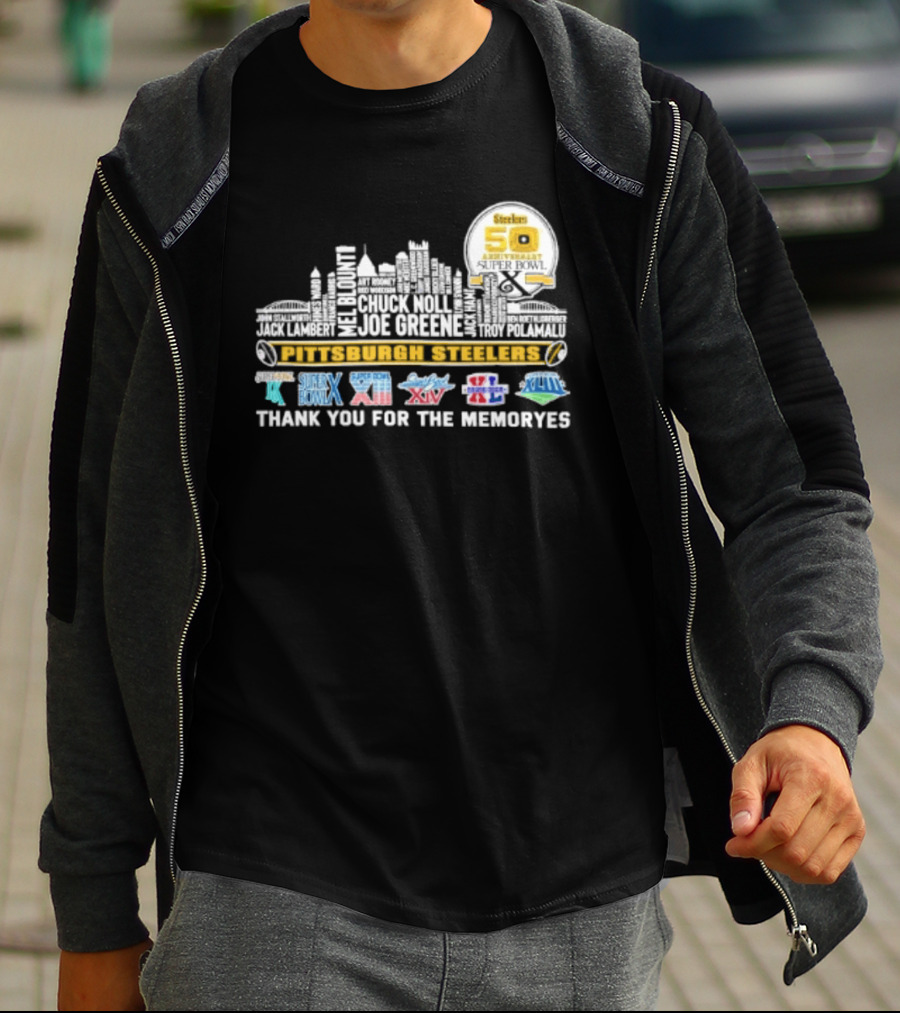 Pittsburgh Steelers Skyline 50th Anniversary Super Bowl Logos Thank You For The Memories T-Shirt