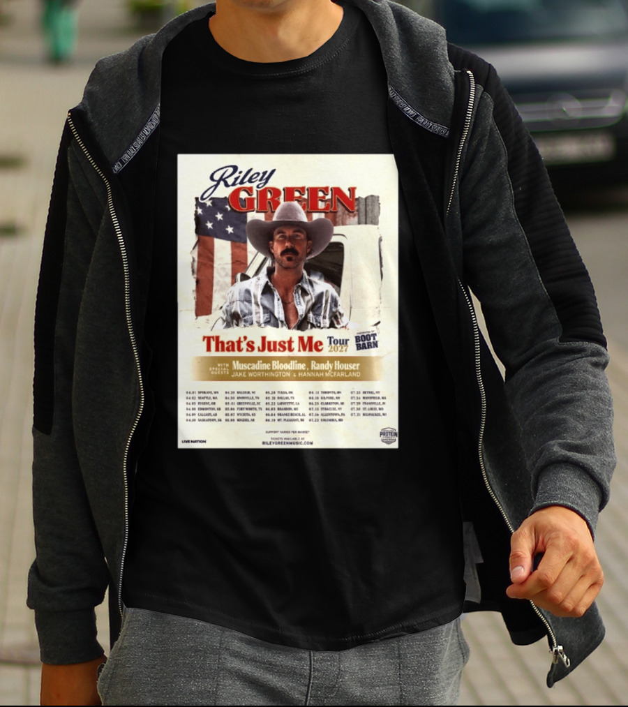 Riley Green That's Just Me Tour 2027 North America Featuring Muscadine Bloodline And Randy Houser Tour Dates T-Shirt