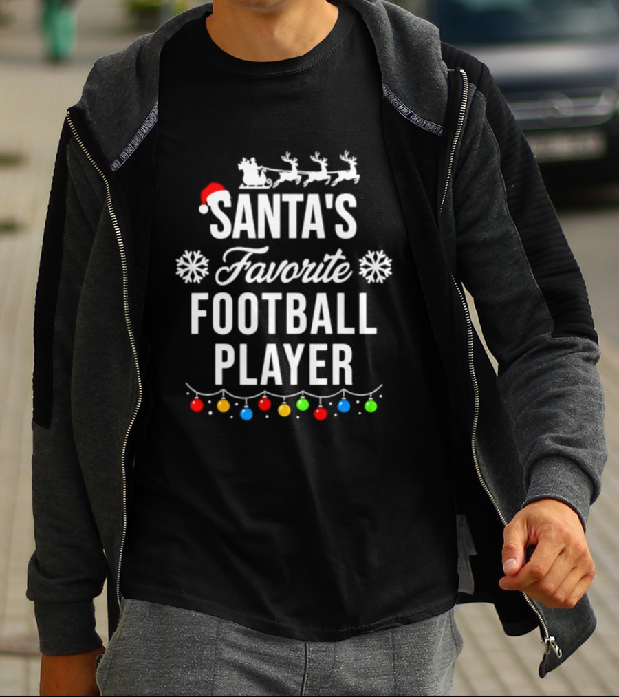 Santa's Favorite Football Player Christmas Santa Hat Reindeer Lights T-Shirt