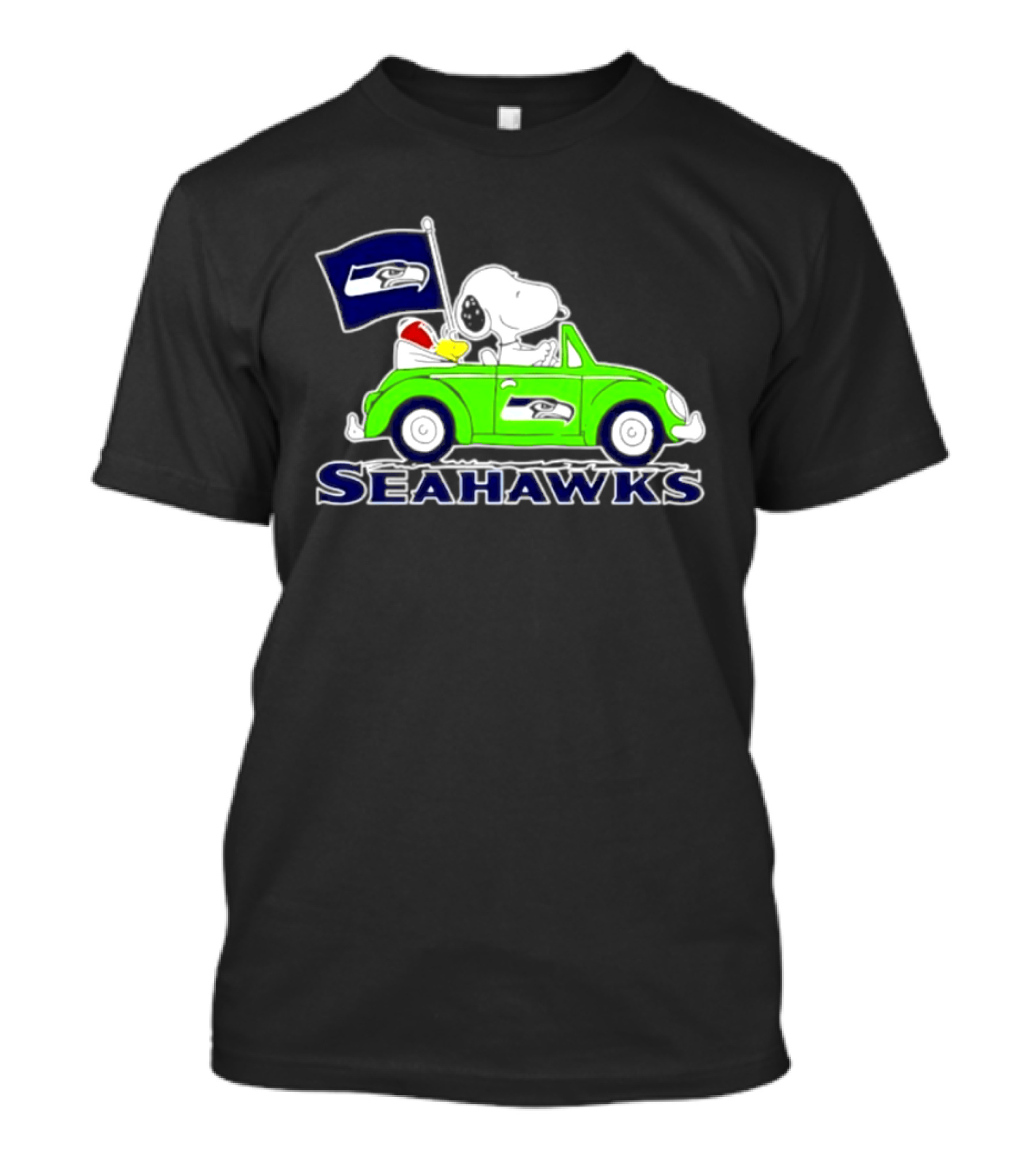 Snoopy In Volkswagen Beetle With Seattle Seahawks Flag 2026 Season T-Shirt