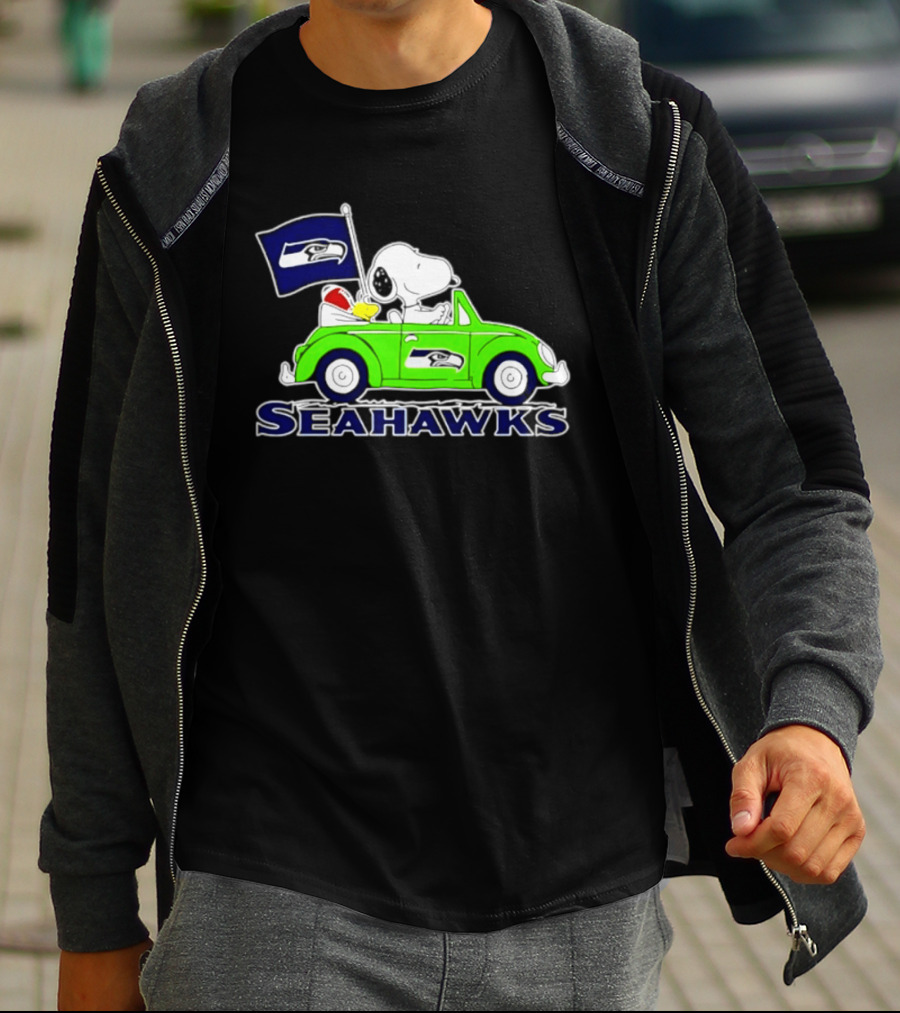 Snoopy In Volkswagen Beetle With Seattle Seahawks Flag 2026 Season T-Shirt
