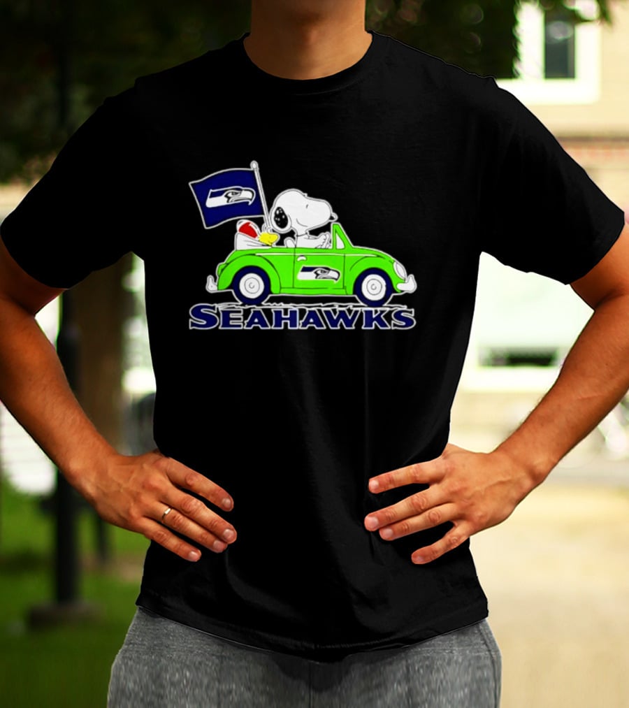 Snoopy In Volkswagen Beetle With Seattle Seahawks Flag 2026 Season T-Shirt