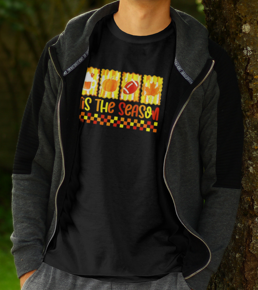Tis The Season Pumpkin Coffee Football Leaf Halloween T-Shirt