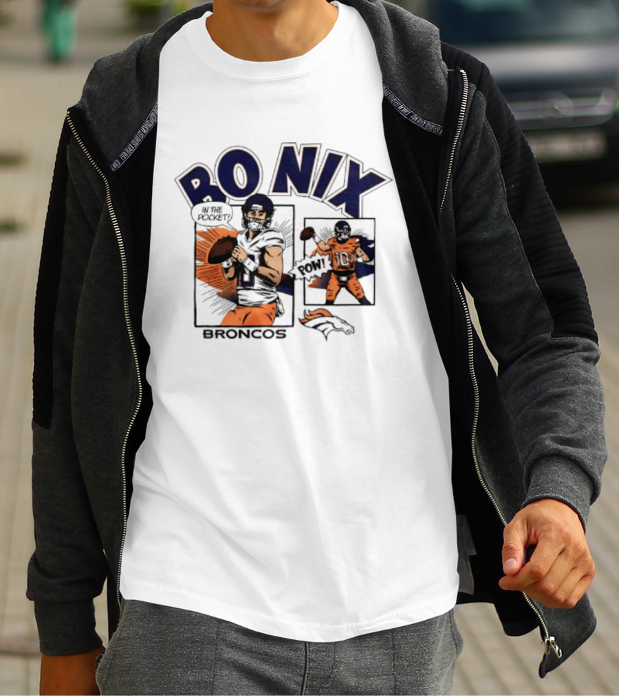 Bo Nix Broncos Comic Pow In The Pocket T-Shirt