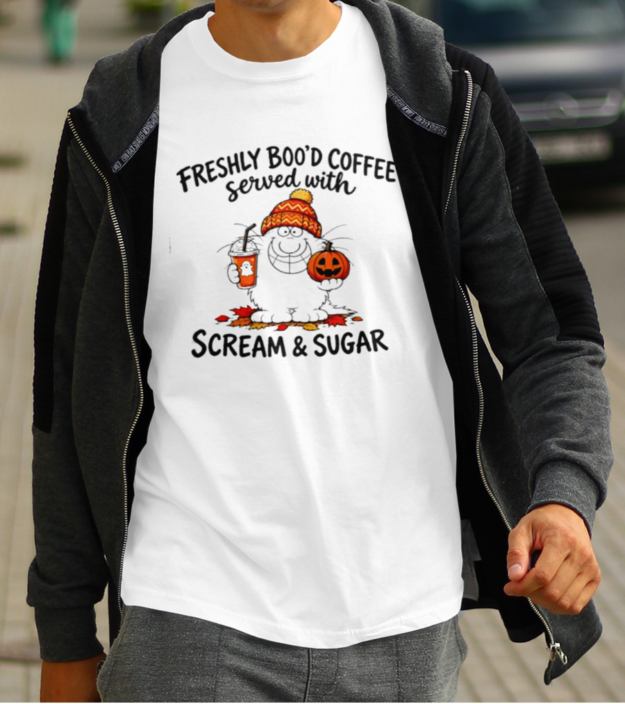 Freshly Boo'd Coffee Served With Scream And Sugar Halloween Cartoon Cat With Pumpkin And Scary Drink T-Shirt
