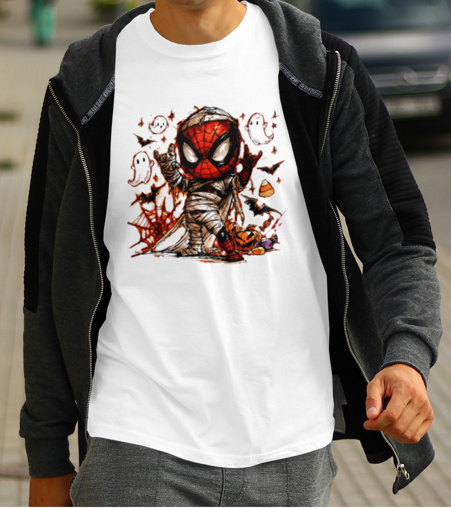 Spider Man Mummy Marvel Halloween Spidey Ghosts Bats Candy Corn Pumpkin T-Shirt