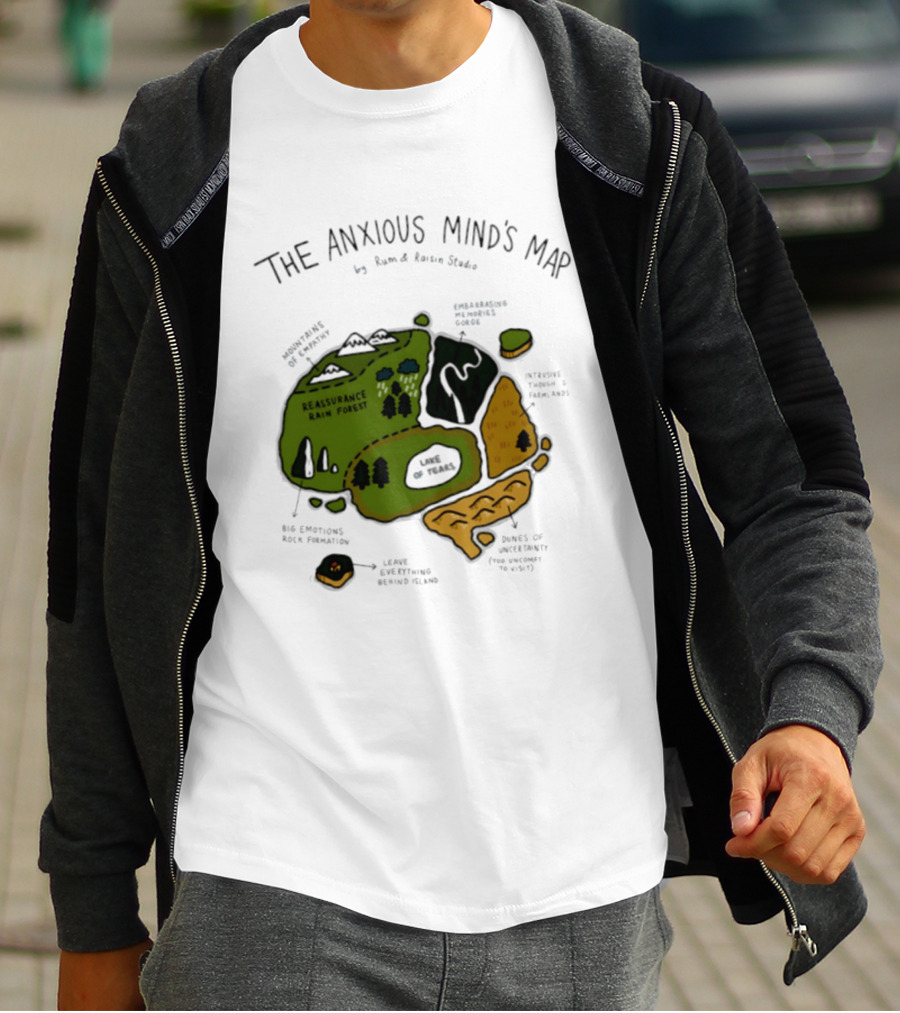 The Anxious Mind's Map Rum & Raisin Studio Reassurance Rain Forest Expectations Plateau Attack Of Panic Peaks T-Shirt