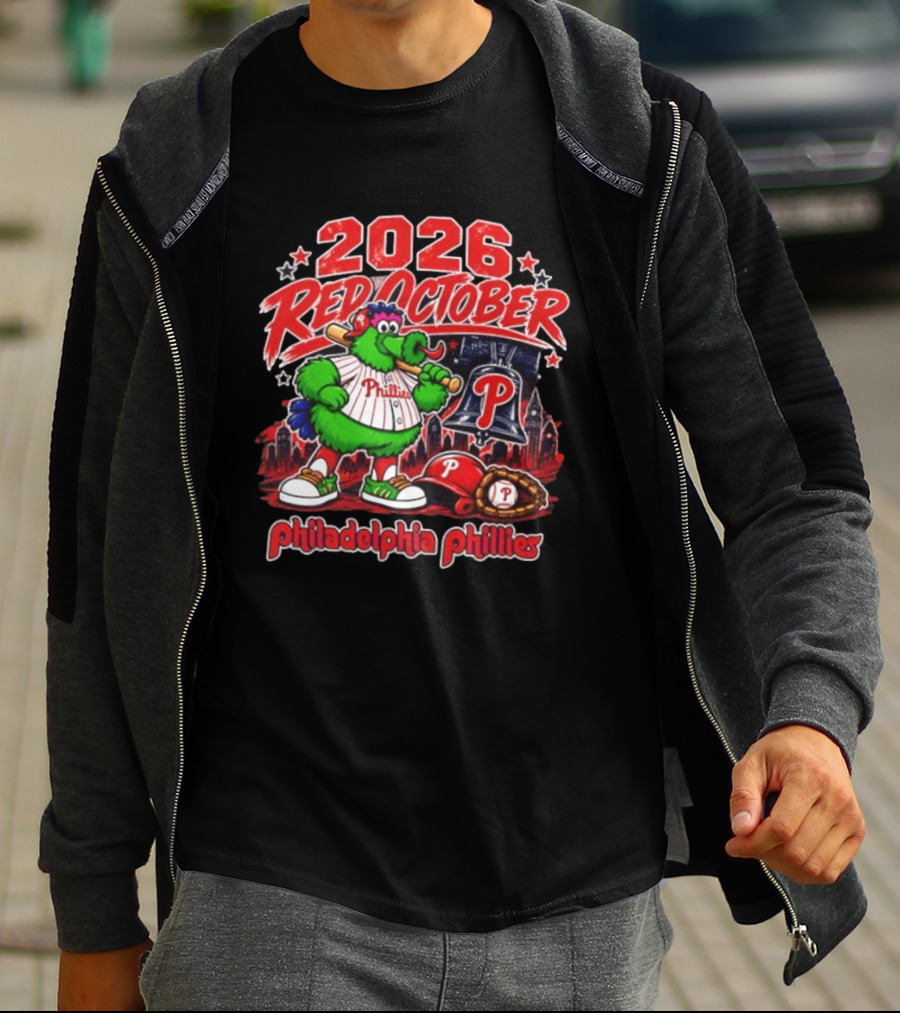 2026 Red October Philadelphia Phillies Phanatic City Skyline Liberty Bell T-Shirt