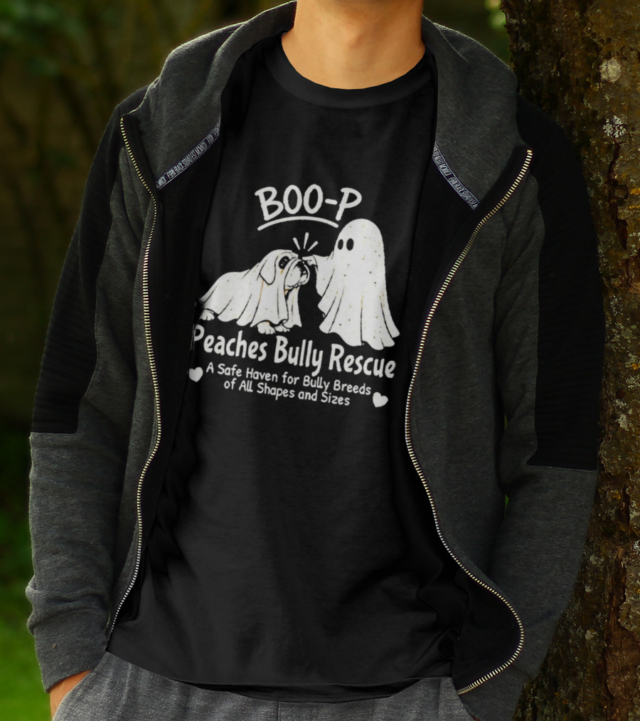 Boo P Peaches Bully Rescue Safe Haven For Bully Breeds Halloween Ghost Dog T-Shirt
