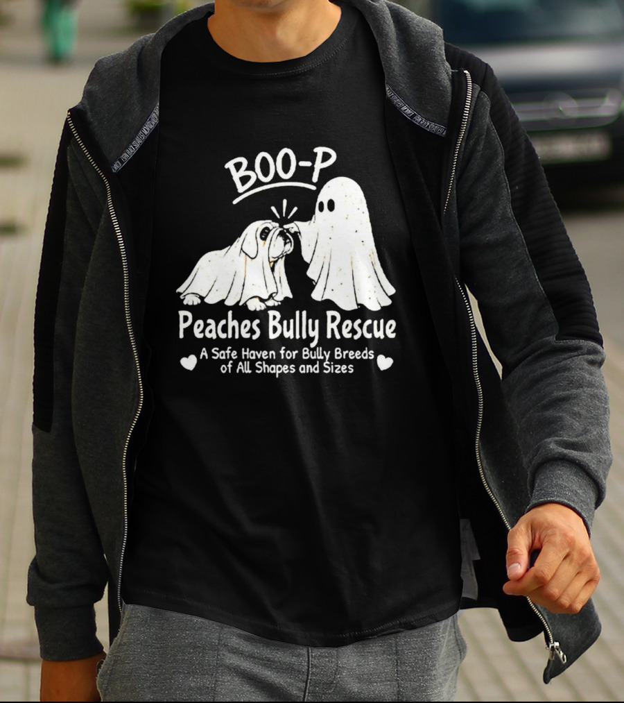 Boo P Peaches Bully Rescue Safe Haven For Bully Breeds Halloween Ghost Dog T-Shirt