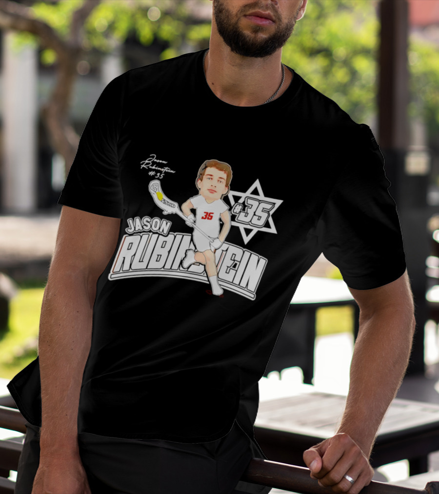 Jason Rubinstein Number 35 Lacrosse Jewish Star Caricature NCAA Rhodes T-Shirt