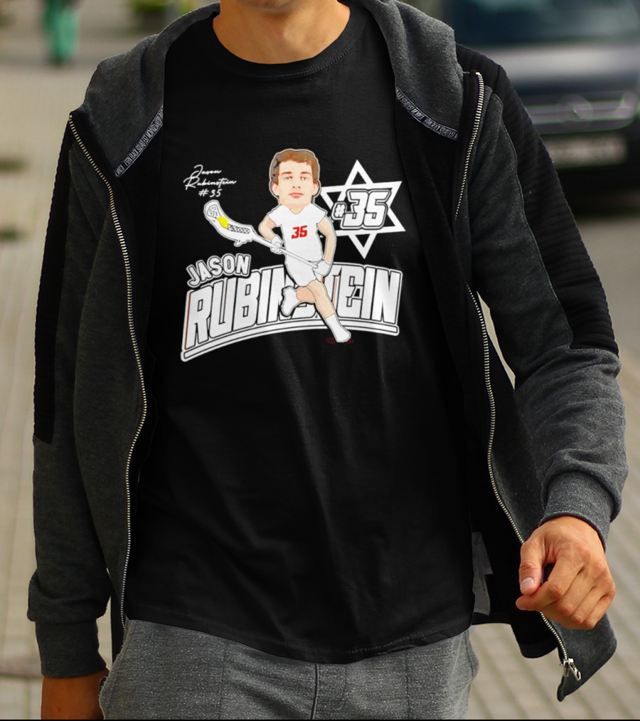 Jason Rubinstein Number 35 Lacrosse Jewish Star Caricature NCAA Rhodes T-Shirt
