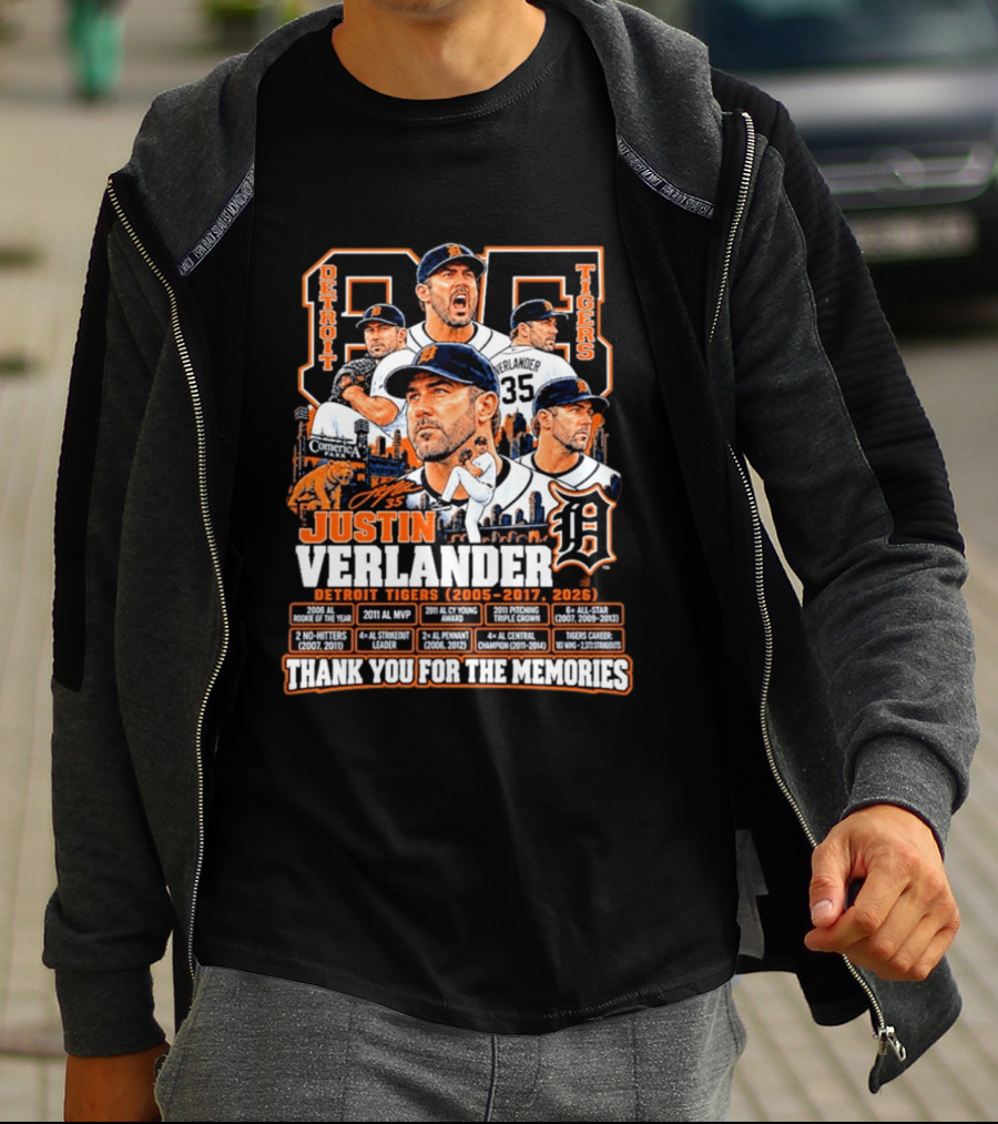 Detroit Tigers 35 Justin Verlander Thank You For The Memories 2005 2017 2026 T-Shirt