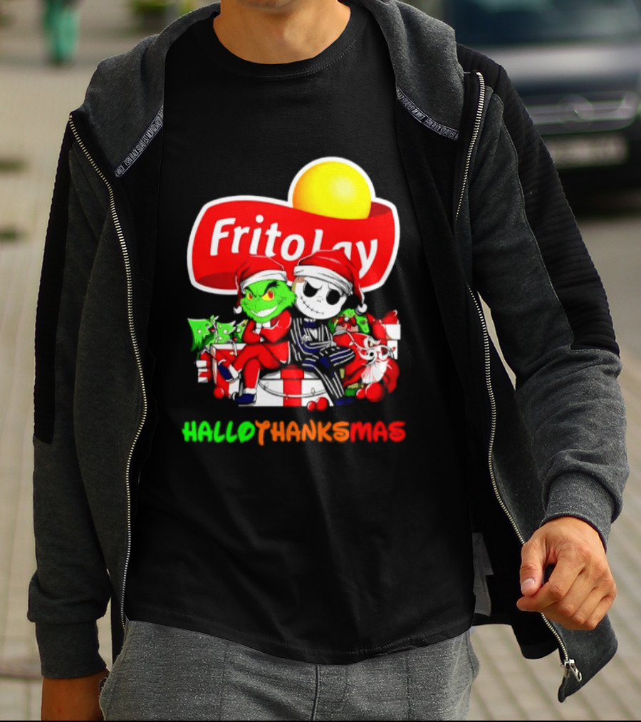 Frito Lay Grinch Jack Skellington Hallothanksmas 2026 Christmas Santa Hats T-Shirt