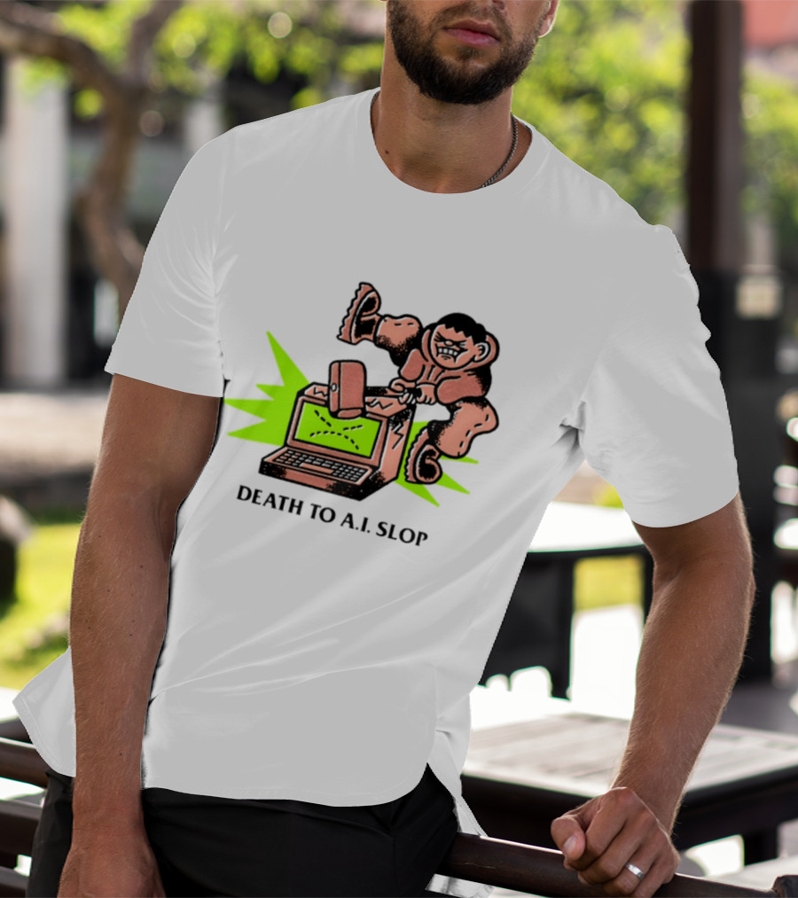 Death To AI Slop Digital Technology Revolution Sledgehammer Laptop Destruction T-Shirt