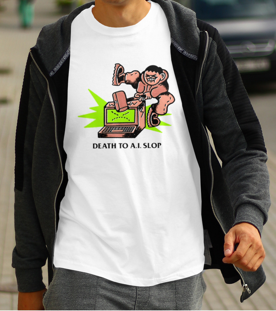 Death To AI Slop Digital Technology Revolution Sledgehammer Laptop Destruction T-Shirt