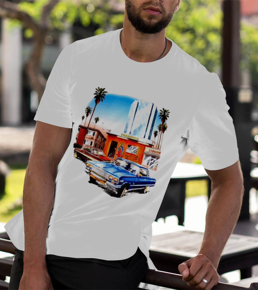 Panaderia Liquor Lowrider Scene With Vintage Cars And Palms T-Shirt
