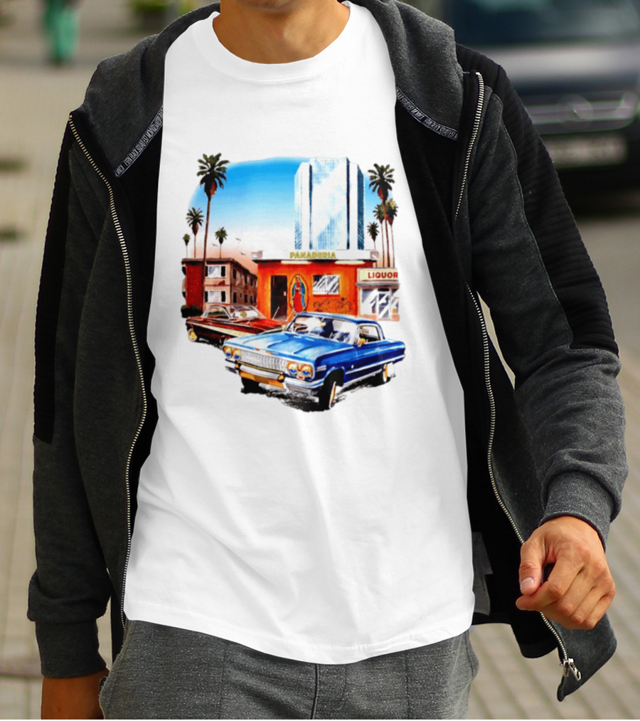 Panaderia Liquor Lowrider Scene With Vintage Cars And Palms T-Shirt