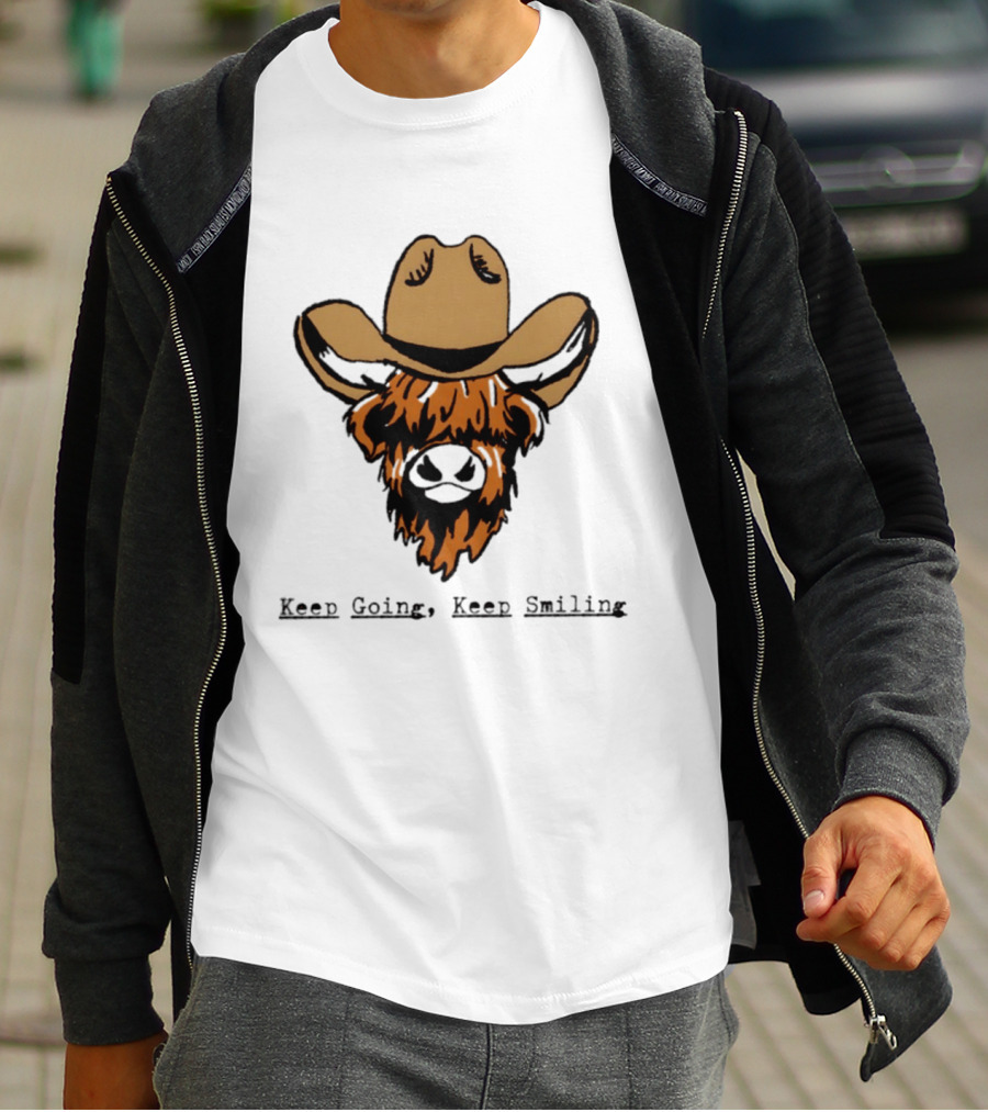 Highland Cow Cowboy Hat Keep Going Keep Smiling Vintage Look T-Shirt
