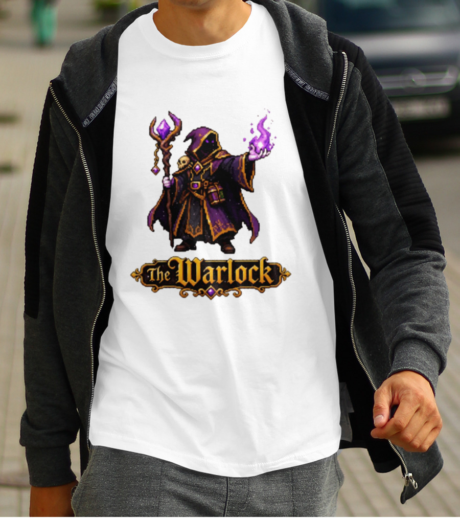 The Warlock Pixel Fantasy Mage RPG Cloaked Wizard With Staff And Magic Spell T-Shirt