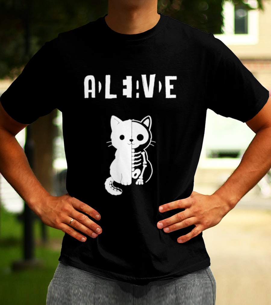Alive Half Skeleton Cat Cute T-Shirt