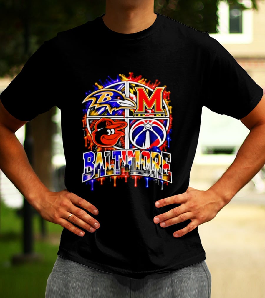 Baltimore Ravens Orioles Maryland Terps Washington Wizards Baltimore Skyline T-Shirt