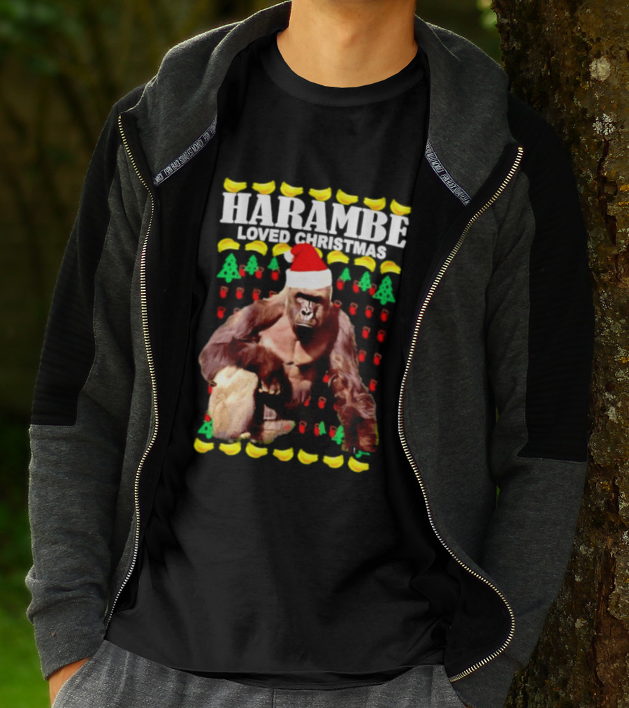Harambe Loved Christmas Gorilla In Santa Hat With Bananas And Trees T-Shirt