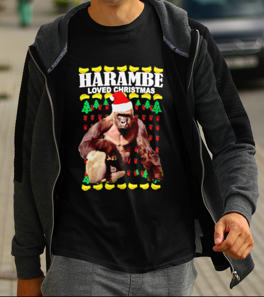Harambe Loved Christmas Gorilla In Santa Hat With Bananas And Trees T-Shirt