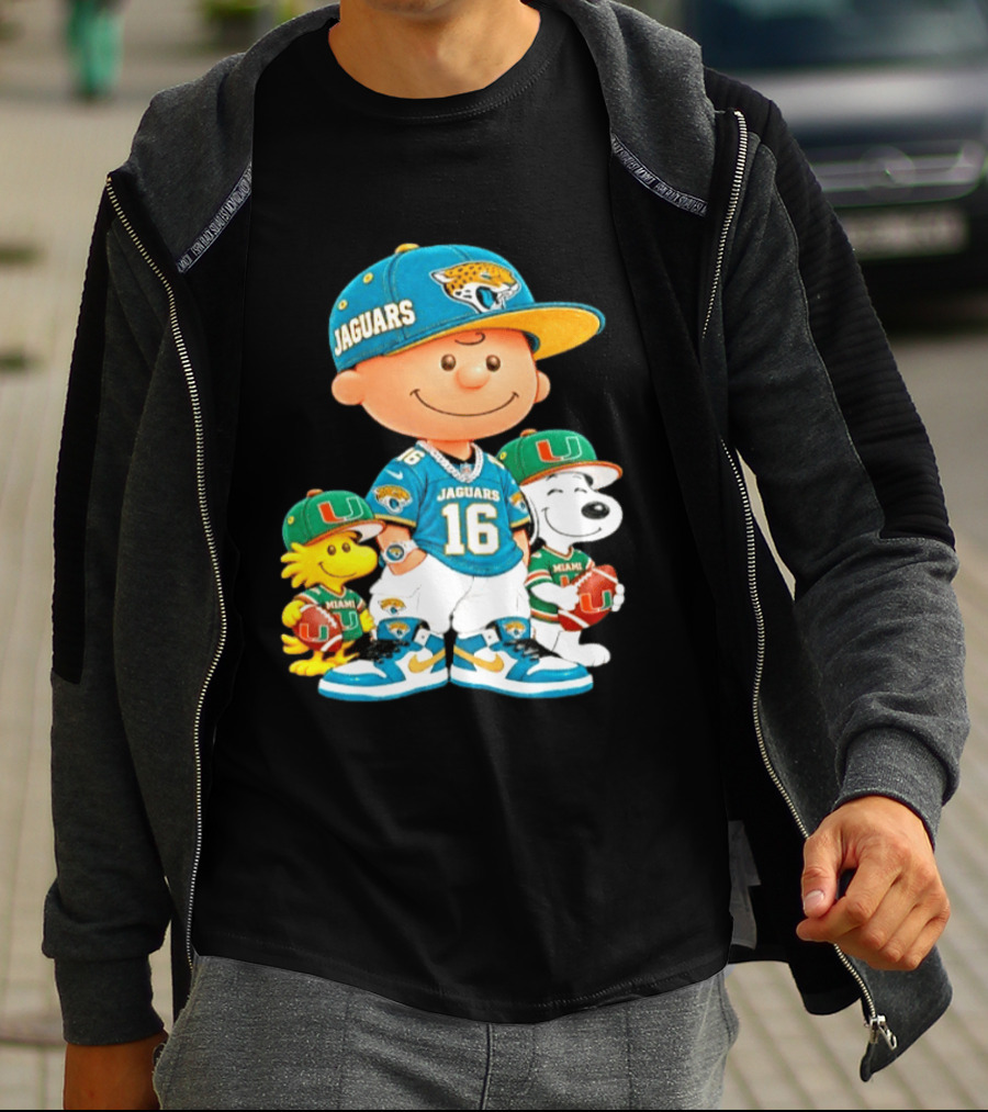 Peanuts Charlie Brown Snoopy Woodstock Jacksonville Jaguars Miami Hurricanes Football Fan Gear T-Shirt