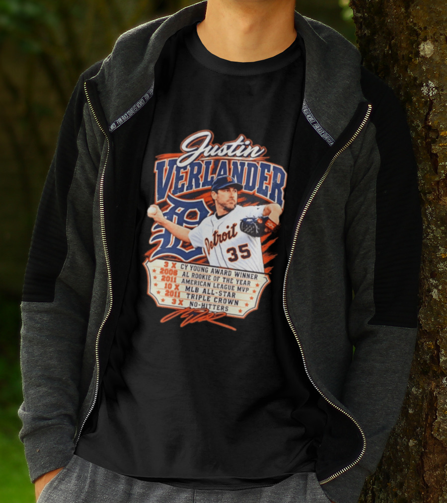 Justin Verlander Detroit Tigers Career 3x Cy Young Award Winner AL Rookie Of The Year 2011 American League MVP MLB All Star Triple Crown No Hitters T-Shirt