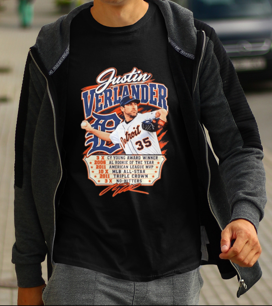 Justin Verlander Detroit Tigers Career 3x Cy Young Award Winner AL Rookie Of The Year 2011 American League MVP MLB All Star Triple Crown No Hitters T-Shirt