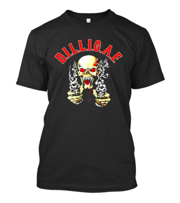 DILLIGAF Skull With Red Eyes Smoking Guns T-Shirt