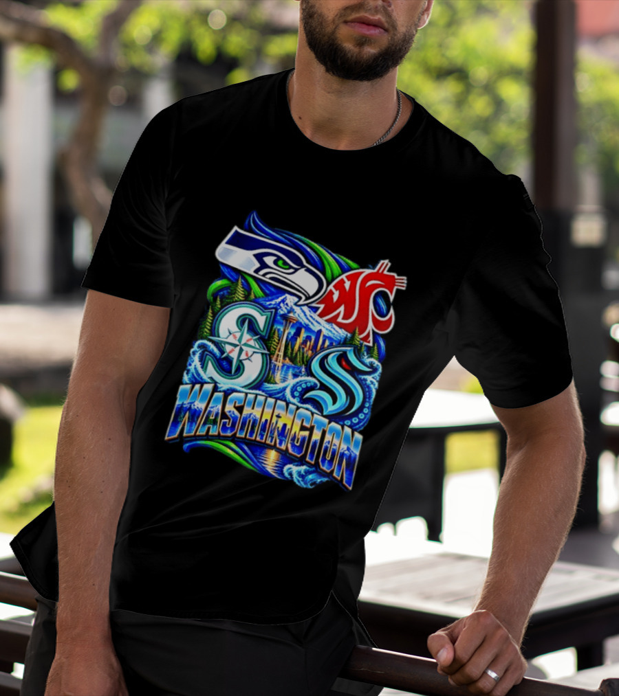 Seattle Seahawks Washington State Cougars Mariners Kraken Washington Skyline T-Shirt