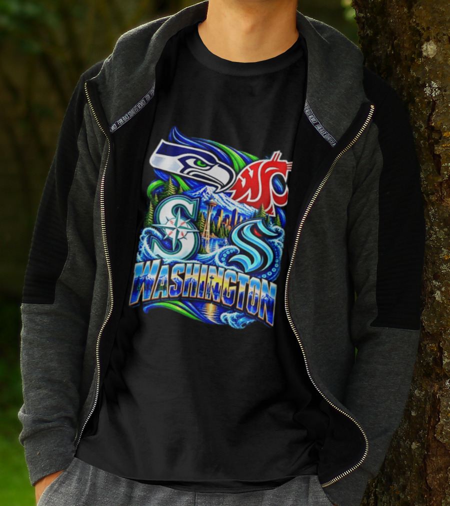 Seattle Seahawks Washington State Cougars Mariners Kraken Washington Skyline T-Shirt