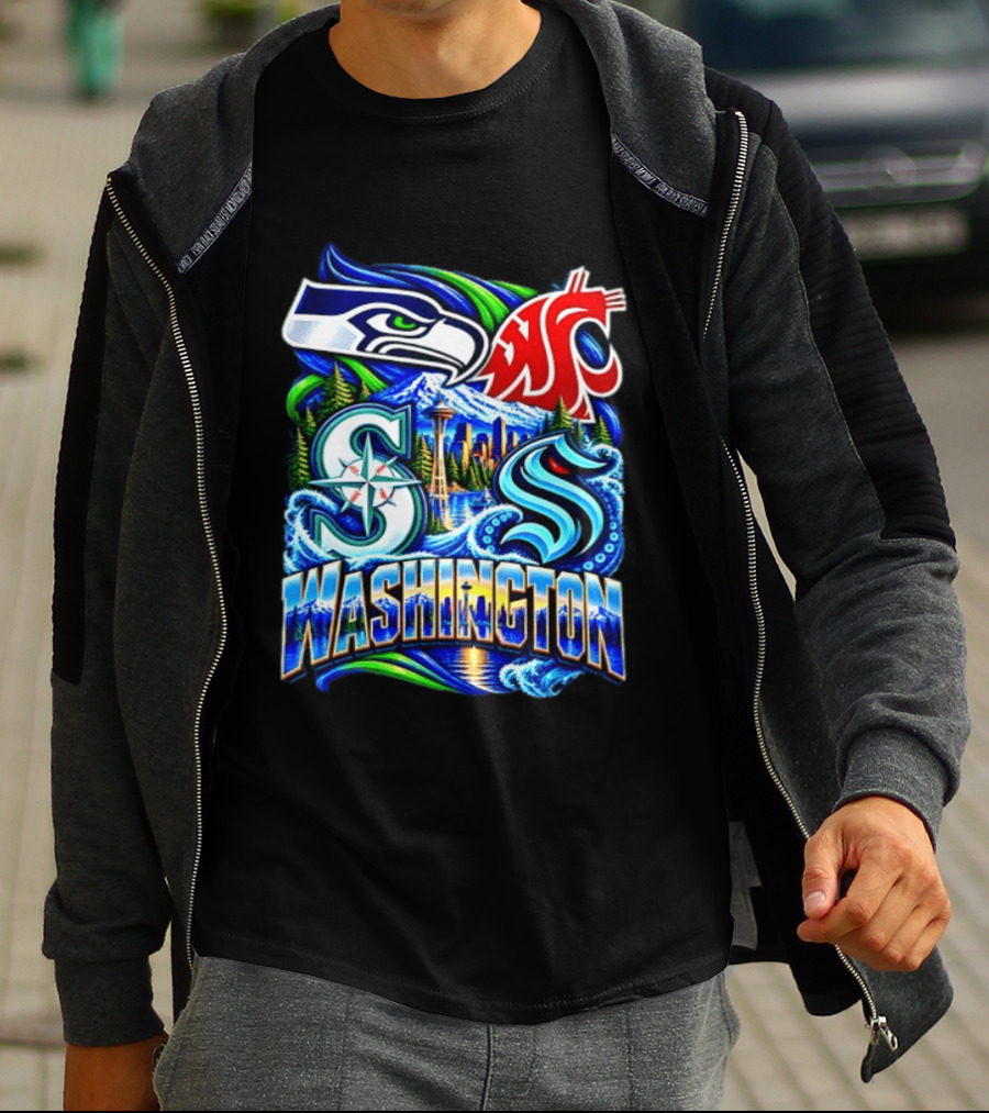 Seattle Seahawks Washington State Cougars Mariners Kraken Washington Skyline T-Shirt