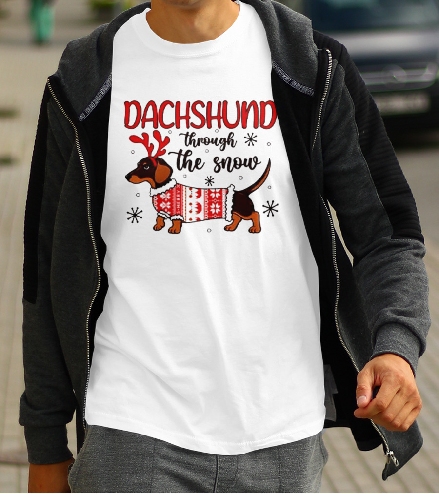 Dachshund Through The Snow Christmas Dog Lover Reindeer Antlers Winter Holiday Sweater T-Shirt