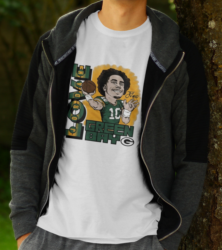 Green Bay Packers Jordan Love Caricature Player Number 10 Football T-Shirt