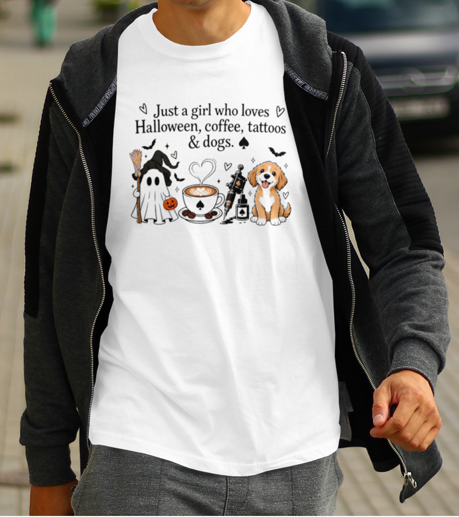 Just A Girl Who Loves Halloween Coffee Tattoos And Dogs Ghost Witch Hat Puppy Pumpkin T-Shirt