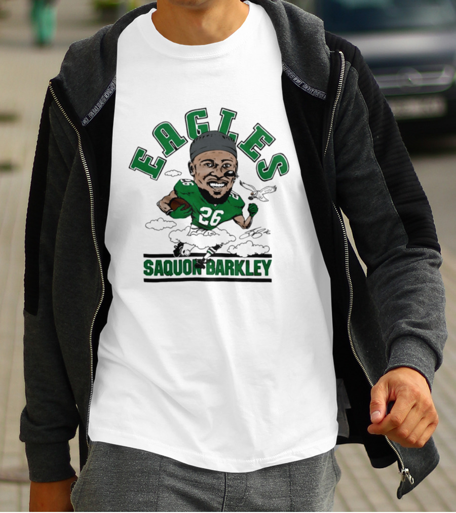 Eagles Saquon Barkley 26 Caricature Player Running Clouds T-Shirt