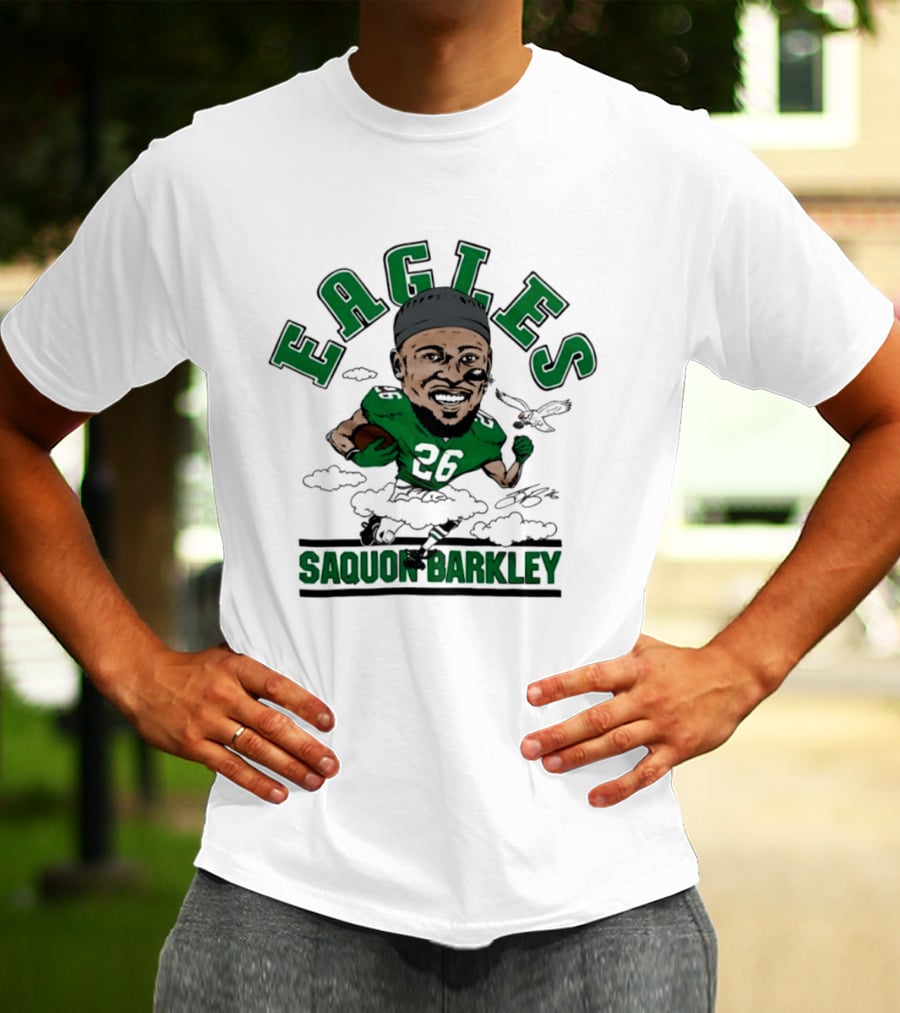 Eagles Saquon Barkley 26 Caricature Player Running Clouds T-Shirt