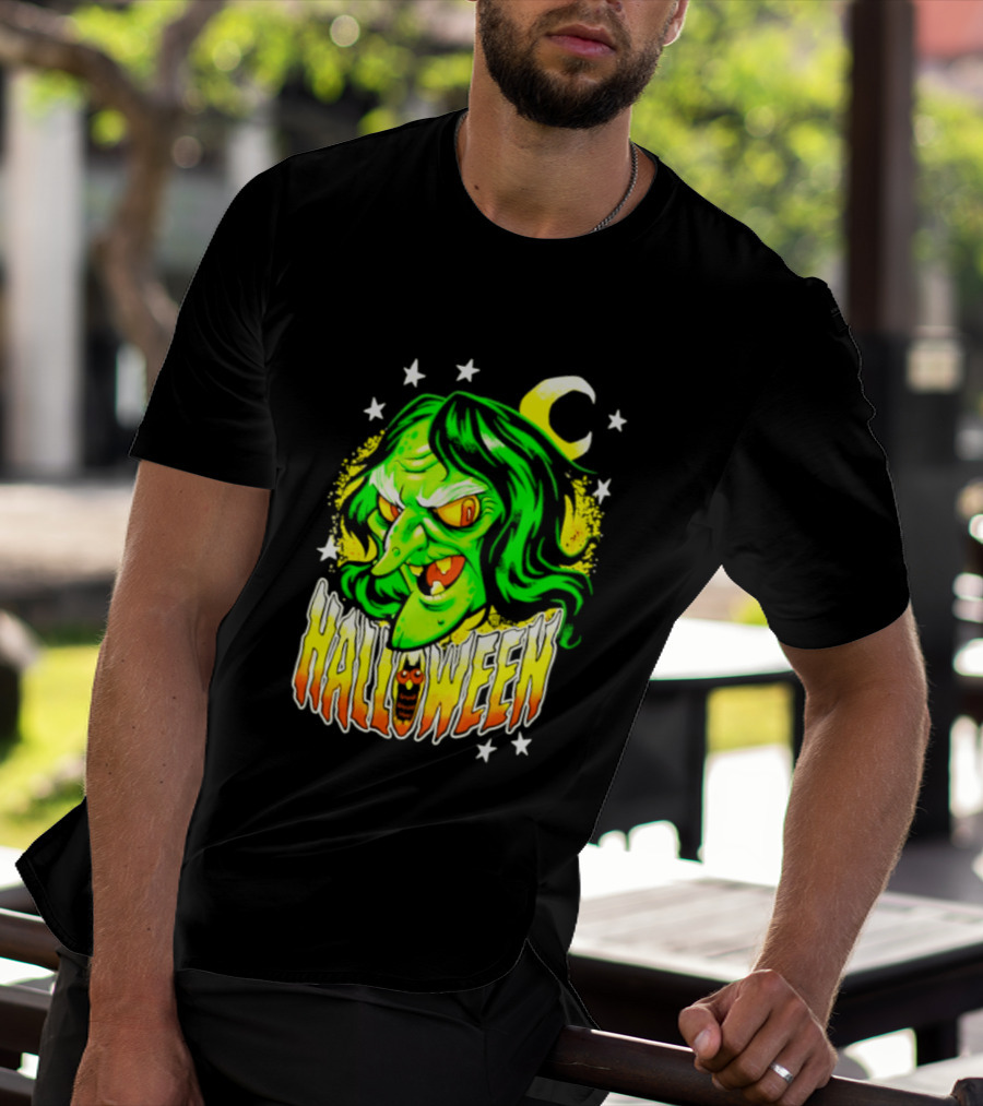 Halloween Witch Green Face Crescent Moon And Stars T-Shirt