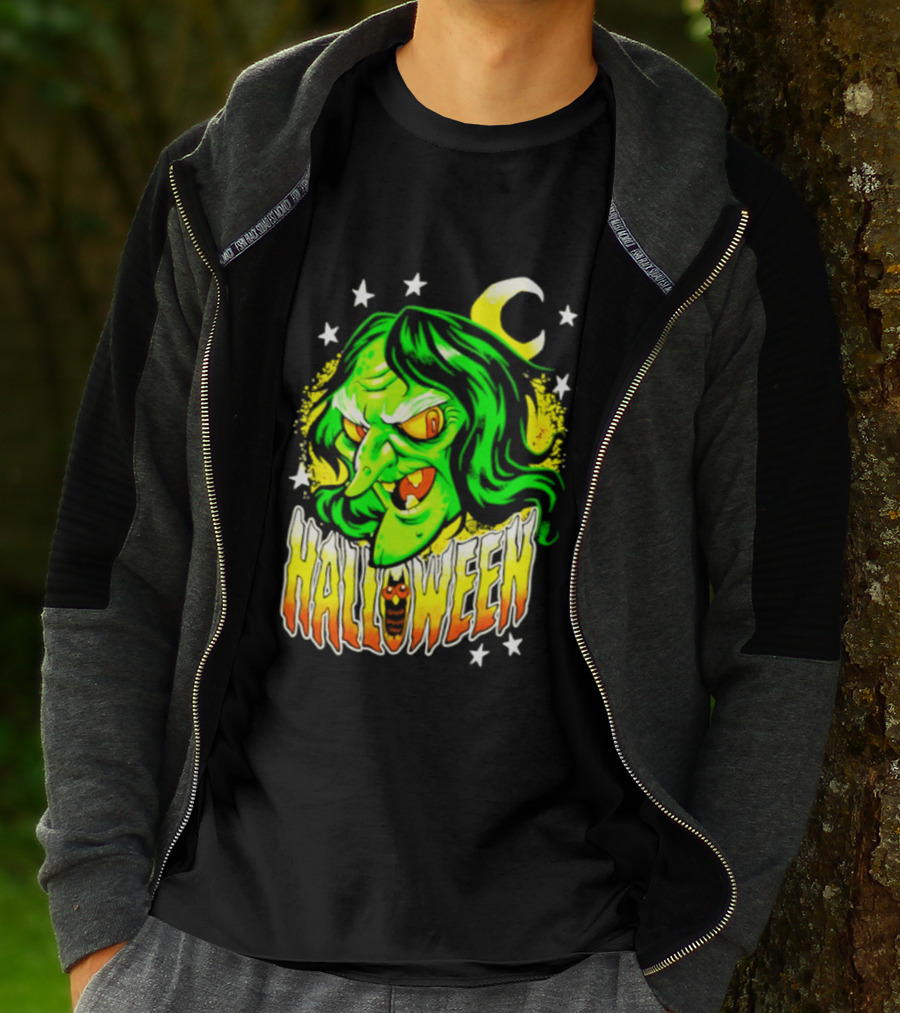 Halloween Witch Green Face Crescent Moon And Stars T-Shirt