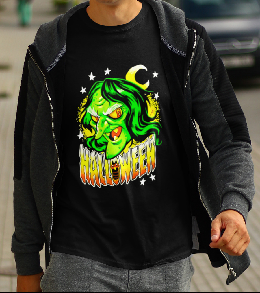 Halloween Witch Green Face Crescent Moon And Stars T-Shirt